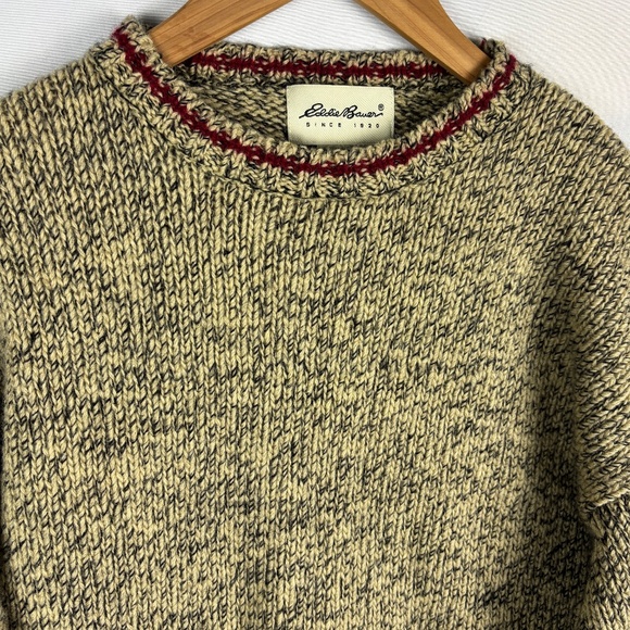 VTG Eddie Bauer Men Legends 100% Wool Knit Sweater Sz M Tan Black Grandpa Fisher - Picture 2 of 9